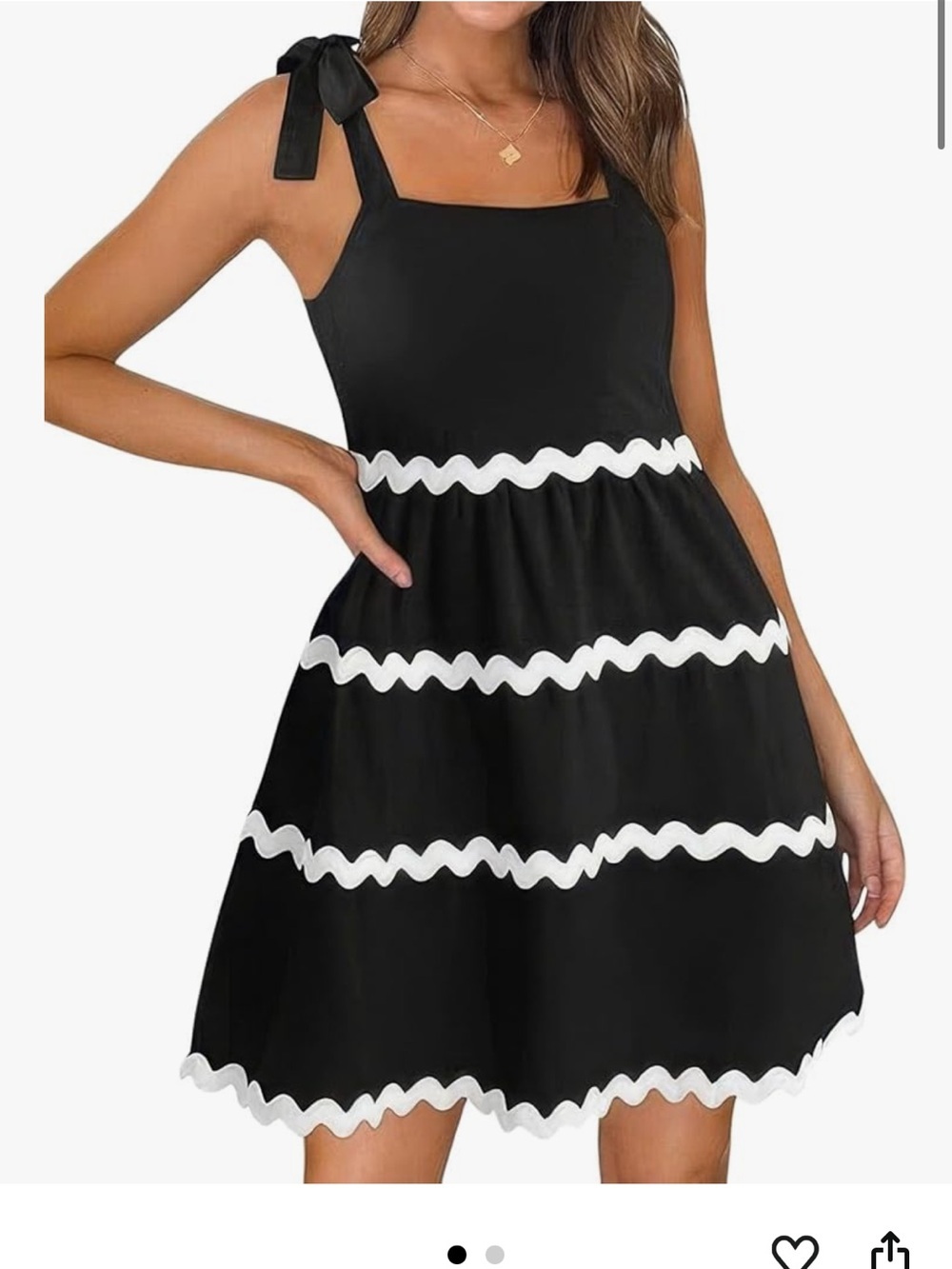 Black Mini Dress with White Scallop Trim and Tie Shoulder